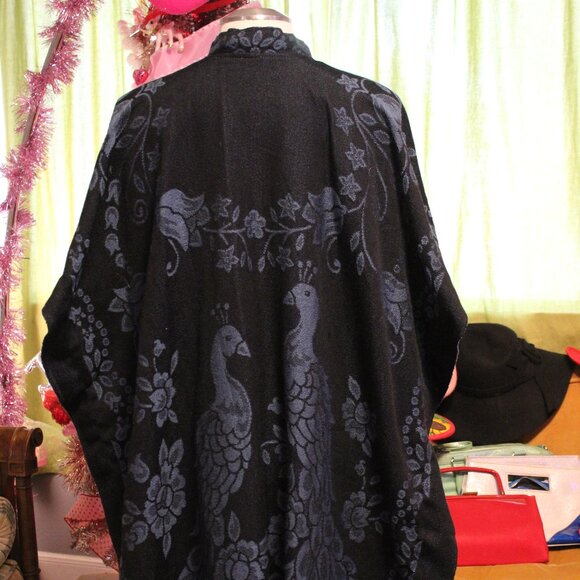 Gorgeous Mexican Poncho with Intricate Blue Peacock Motifs - Picture 3 of 4